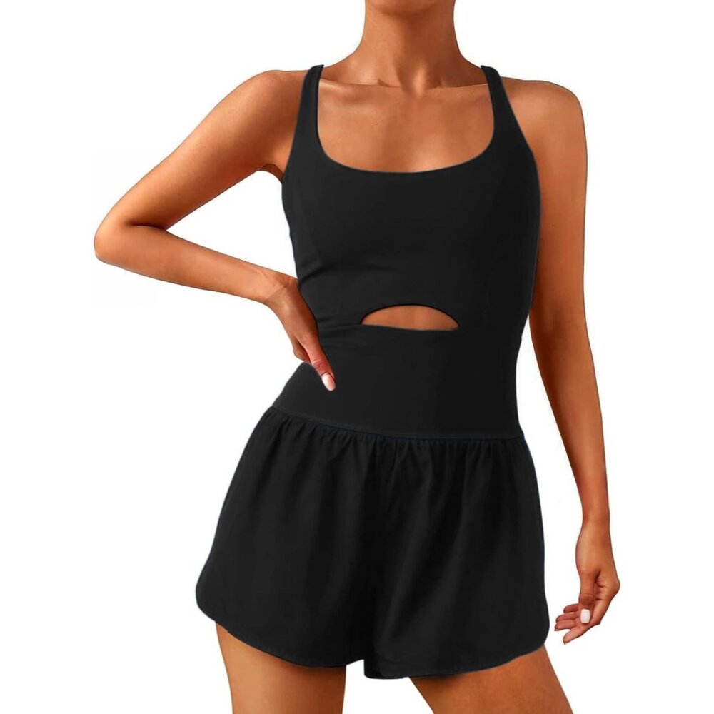Women Black Workout Romper One Piece Padded Bras Sleeveless One Piece Outfits